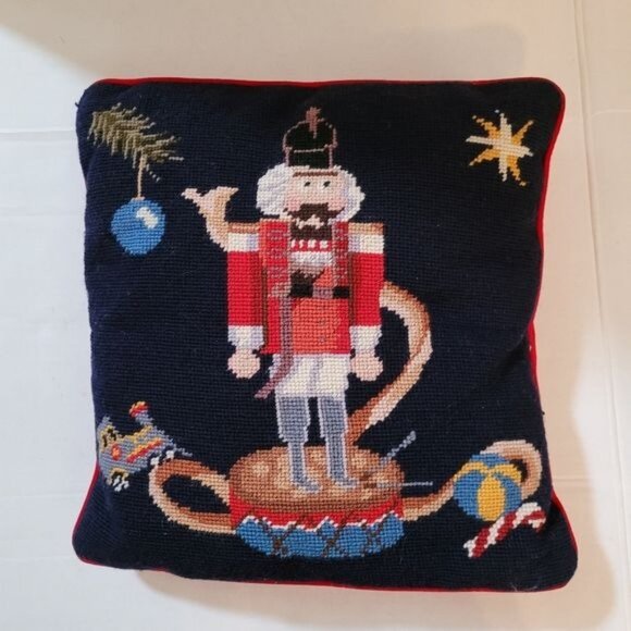 Vintage needlepoint crochet Christmas pillow nutcracker mid-century decor - Picture 1 of 6